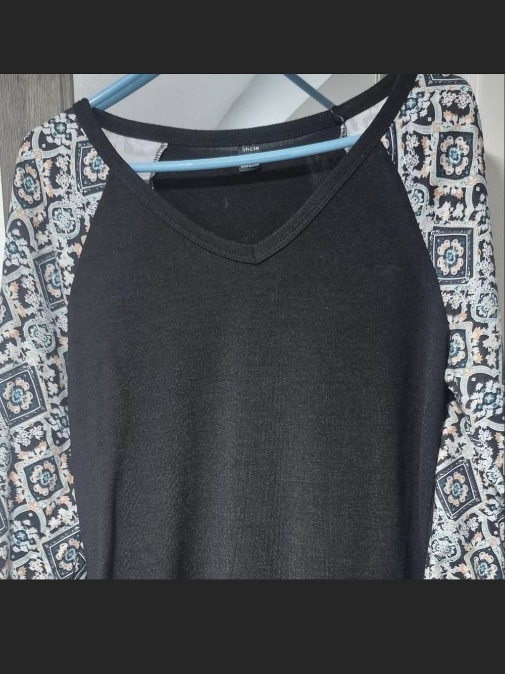 Shein Black V-Neck Raglan Top with Patterned Sleeves
